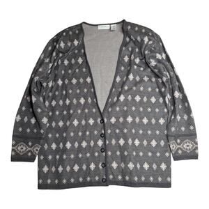 Vtg 1990s Elisabeth Gray Wool Blend Geometric Button Up V-Neck Cardigan 1X